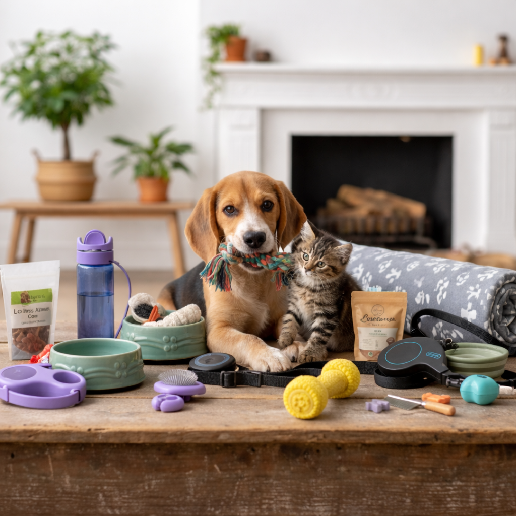 accesorios útiles para perros sobre mesa en casa. Juguetes y productos para el día a día.