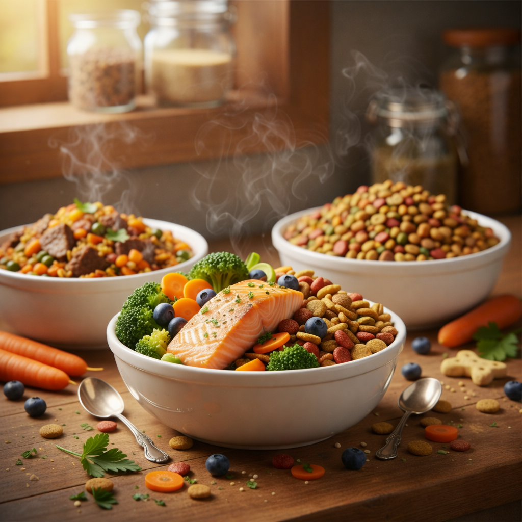 alimentación para perros cuencos con comida natural y pienso seco