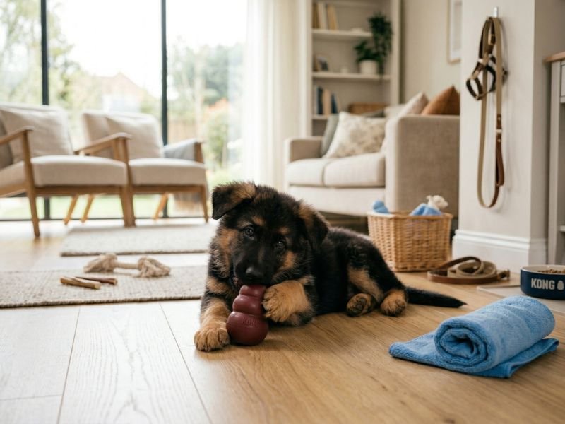 Cachorro de pastor alemán mordiendo un juguete resistente durante la etapa de dentición en casa
