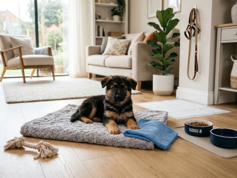 Cachorro de pastor alemán en casa con empapador, comedero, mordedor y otros básicos preparados para su llegada