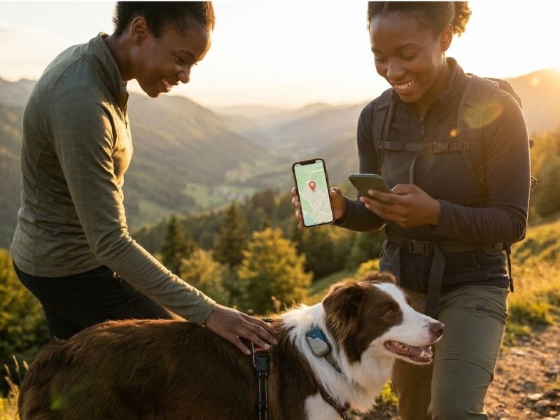 Dos personas revisando la localización de un perro con GPS durante una salida