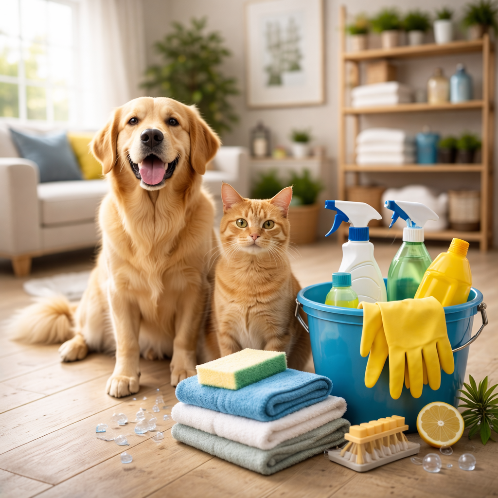 limpieza del hogar con perro y productos de higiene para mascotas