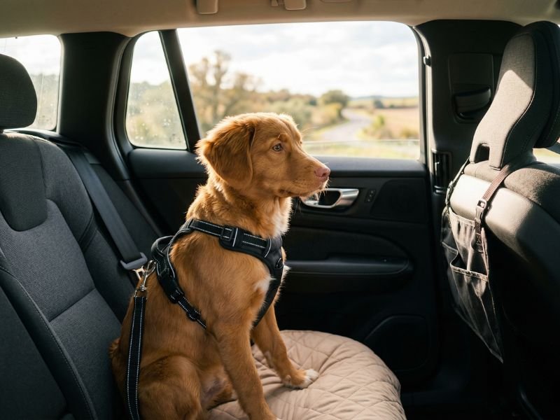 Perro acomodado y seguro en el coche listo para un trayecto corto