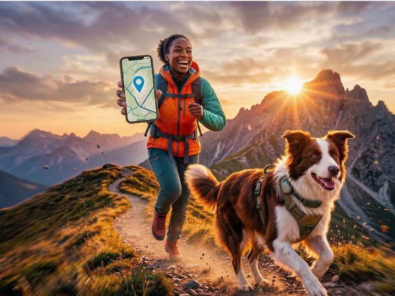 Mujer con perro en excursion y gps activo via app