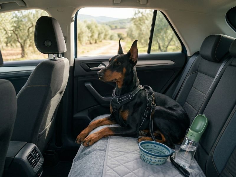 Perro joven viajando tranquilo y seguro en coche por primera vez