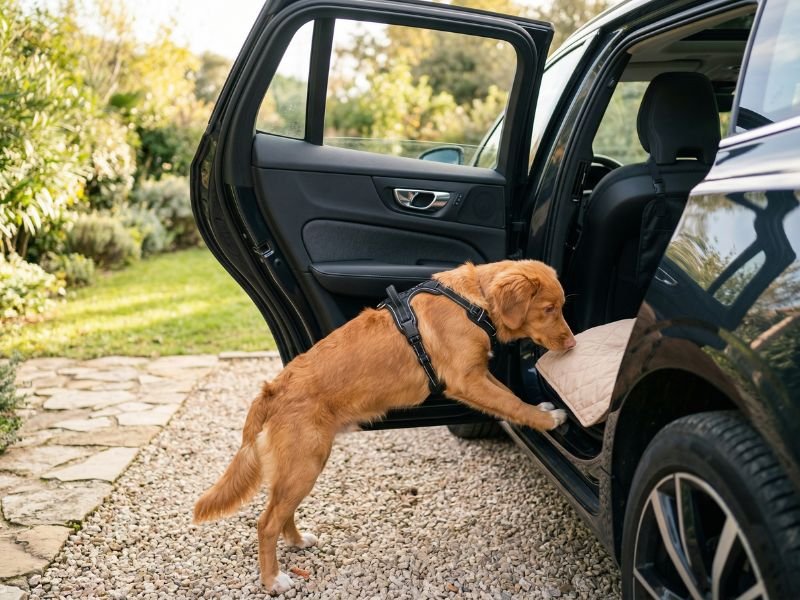 Perro joven explorando el coche parado con calma antes de su primer viaje