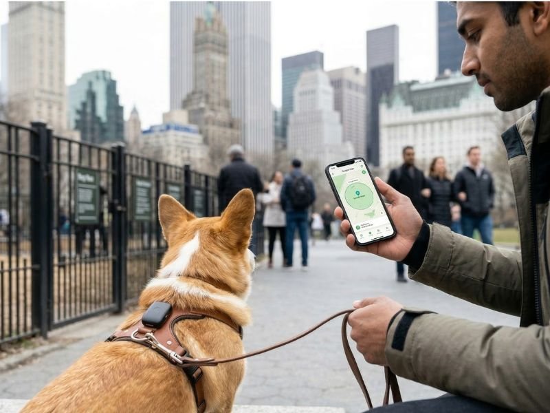 Persona consultando la app de un GPS para perros durante un paseo urbano