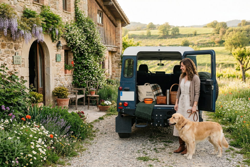 Accesorios de viaje para perros al llegar a una casa rural en primavera