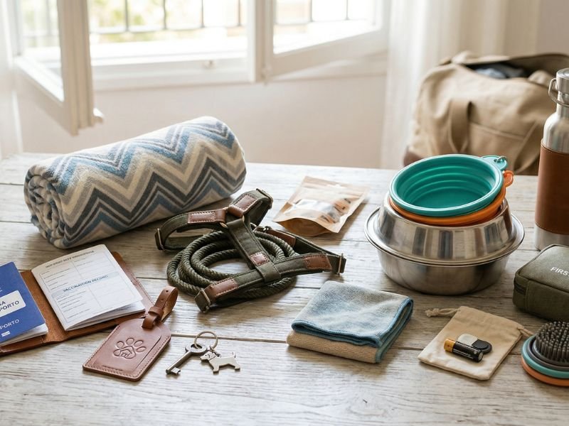 Accesorios y documentación preparados para viajar con un perro de forma segura