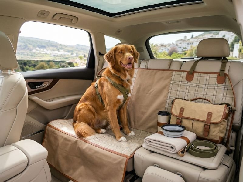 Accesorios para viajar en primavera con tu perro. Asiento trasero protegido con funda de coche para viajar con perro en primavera