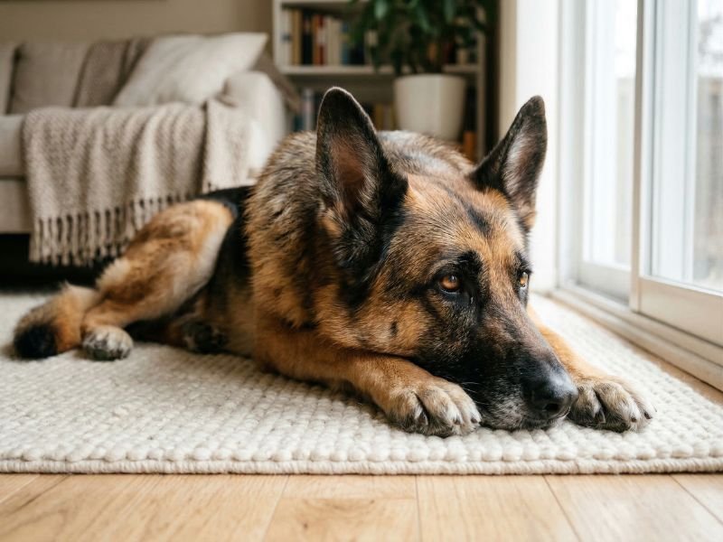 Bella descansando en casa junto a una ventana