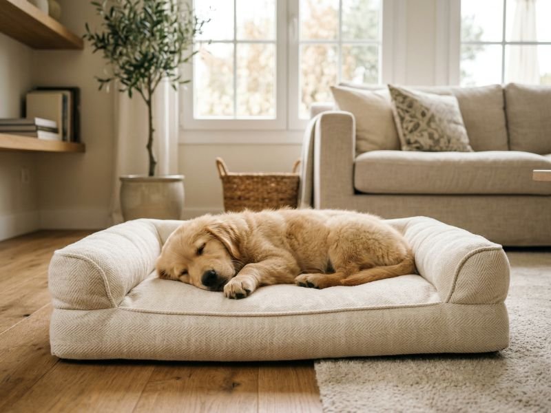 Mejores camas para cachorros. Cachorro descansando sobre una cama acolchada y estable en una zona tranquila del salón