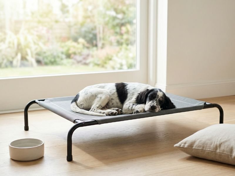 Cachorro tumbado en una cama elevada y transpirable dentro de una casa luminosa en un día cálido