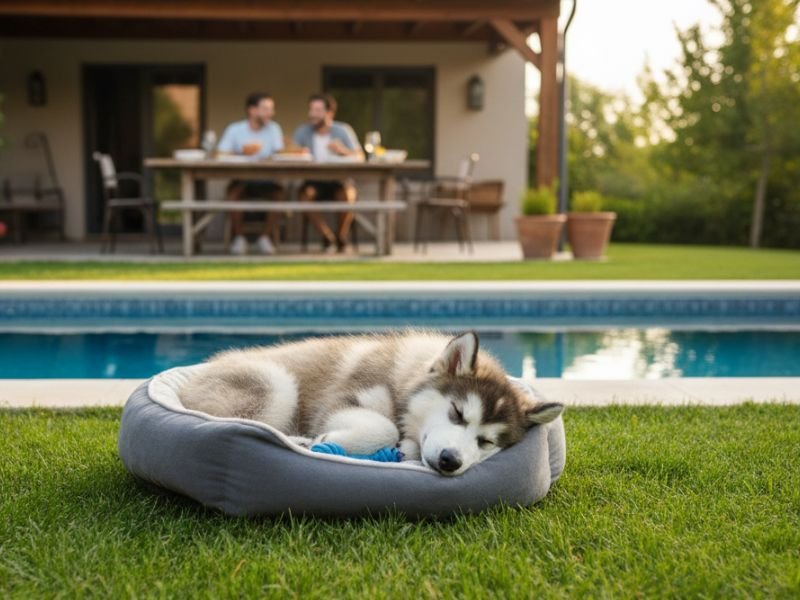 Las mejores camas para cachorros en Amazon.es: Cachorro tipo husky durmiendo en una cama gris sobre el césped, junto a una piscina, con terraza al fondo desenfocada