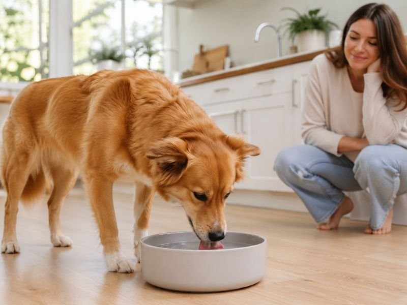 Observa como y cuánto bebe tu perro. Perro bebiendo en cocina