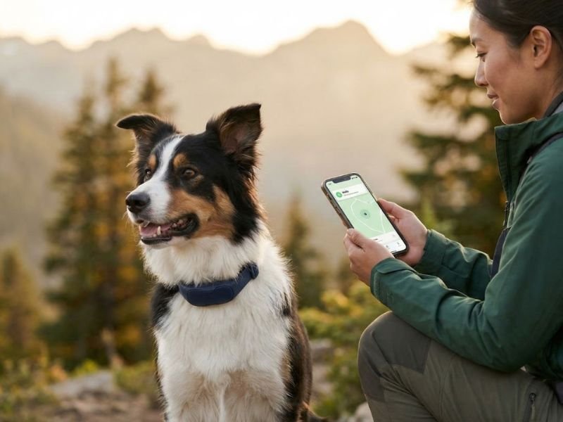 Mujer con app y gps y su perro consultando el móvil