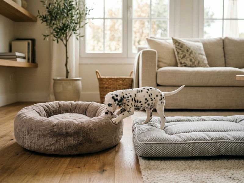 Dos tipos de camas para cachorro, una tipo colchón y otra tipo donut, en una zona tranquila de casa