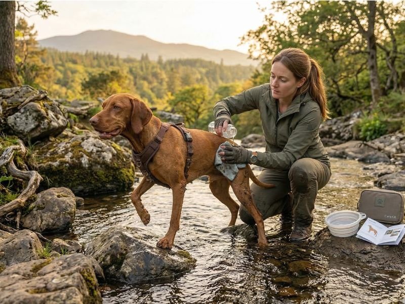 Escena de primeros cuidados con agua tras un posible contacto del perro con una oruga procesionaria