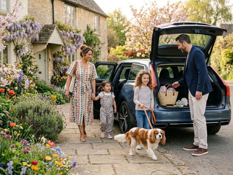 Familia diversa con dos niñas y un perro mediano llegando a un destino rural durante una escapada de primavera
