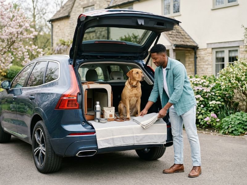 Hombre joven preparando el coche para viajar con un perro grande antes de una escapada de primavera