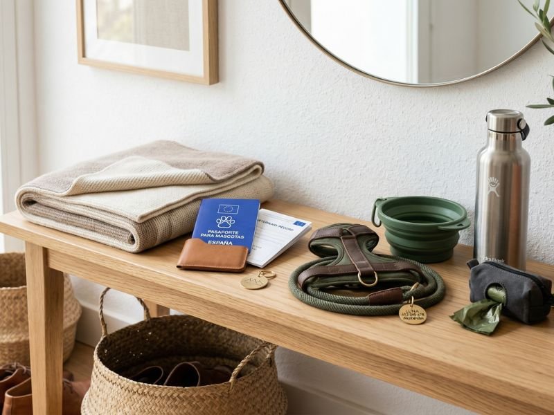 Kit organizado para viajar con un perro con documentación, arnés, agua y manta