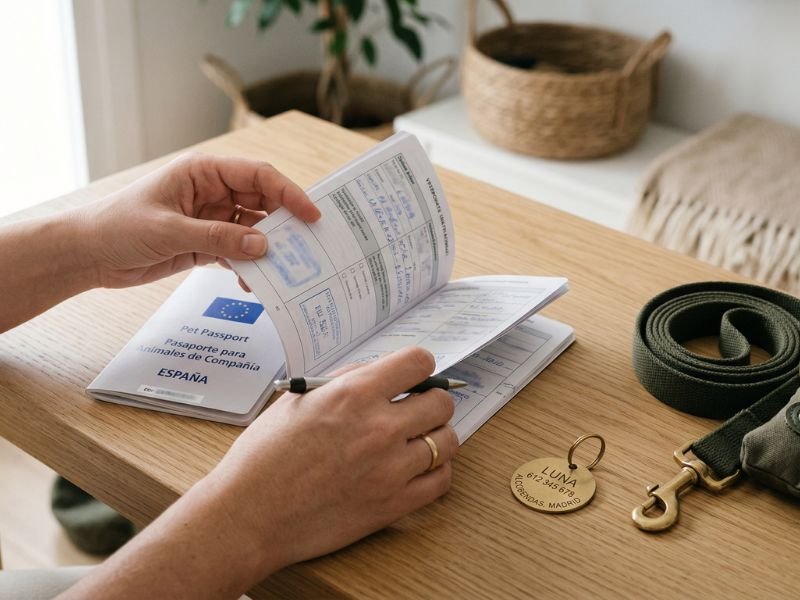 Kit organizado para viajar con un perro con documentación, arnés, agua y manta