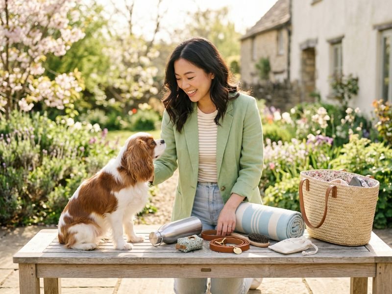 Mujer joven preparando agua, correa y accesorios para una escapada de primavera con su perro pequeño