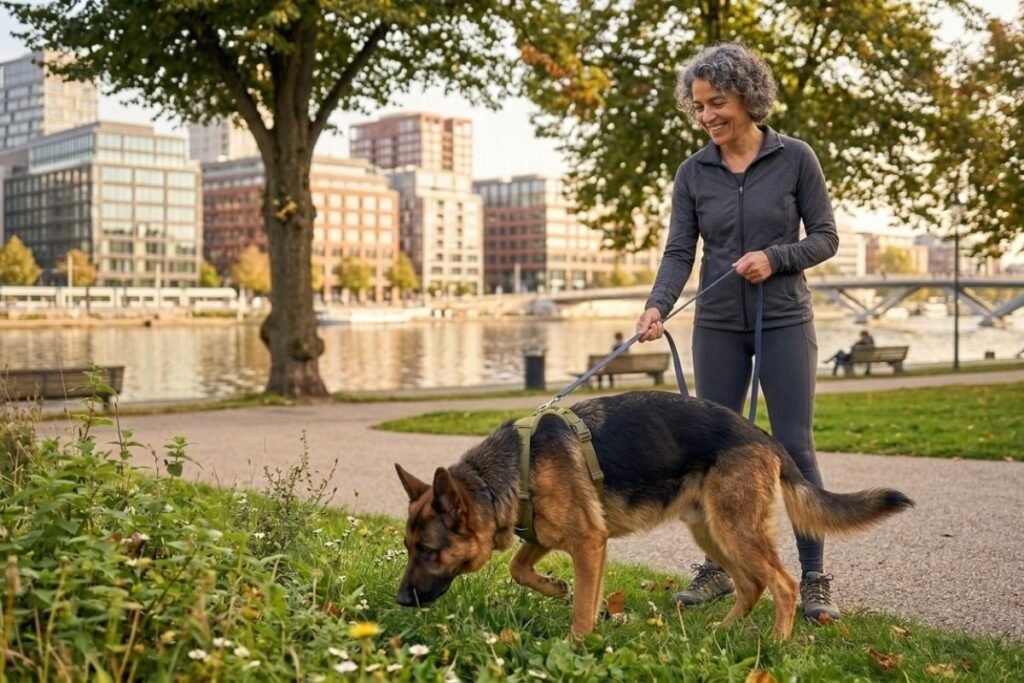 Perro olfateando en una zona verde durante un paseo de calidad