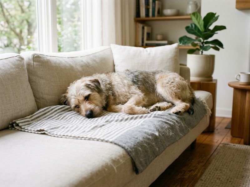 Pelo de perro en sofá durante la muda de primavera en perros