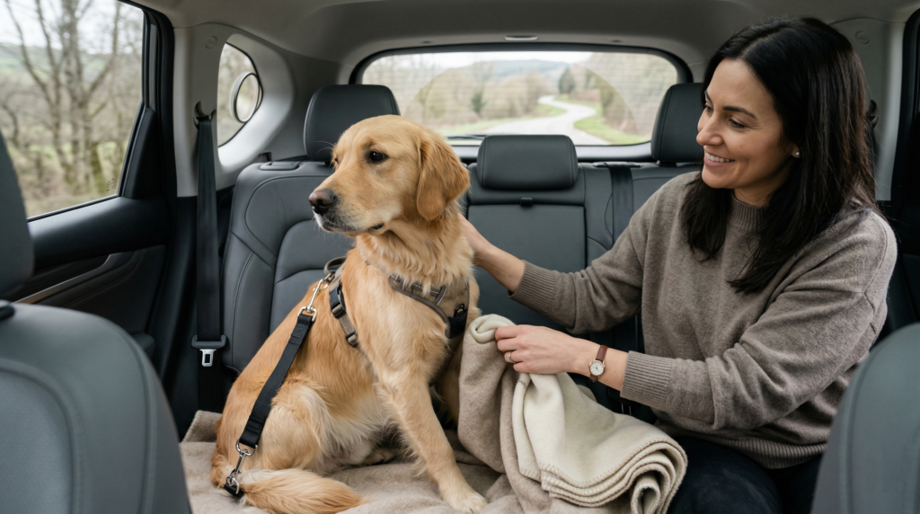 Perro acostumbrándose al transportín o al sistema de sujeción en el coche