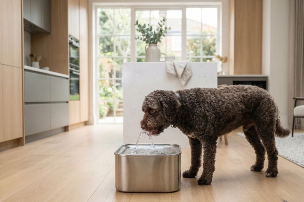 fuentes de agua automáticas para perros. Perro bebiendo de una fuente de agua automática grande en casa