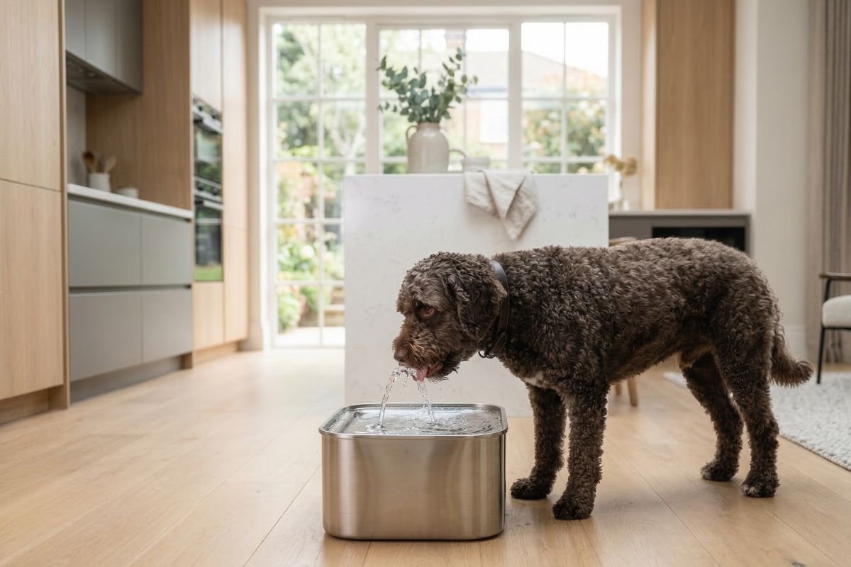 fuentes de agua automáticas para perros. Perro bebiendo de una fuente de agua automática grande en casa