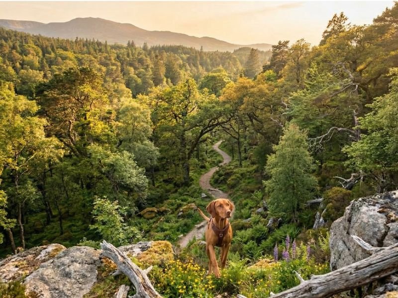 Perro caminando atento y controlado en una zona con pinos durante la primavera