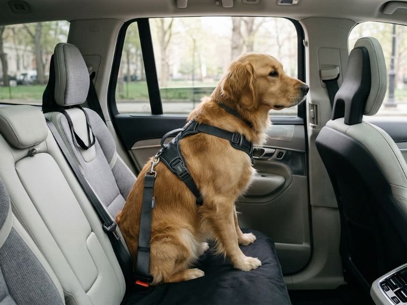 Perro colocado de forma segura dentro de un coche durante un viaje