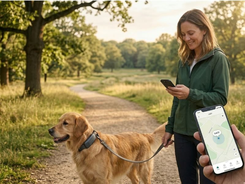 Perro con collar inteligente para seguimiento de actividad y descanso