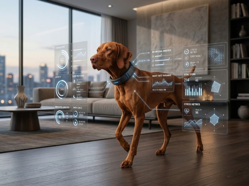 Perro con collar inteligente y sistema de inteligencia artificial que analiza actividad, sueño y comportamiento