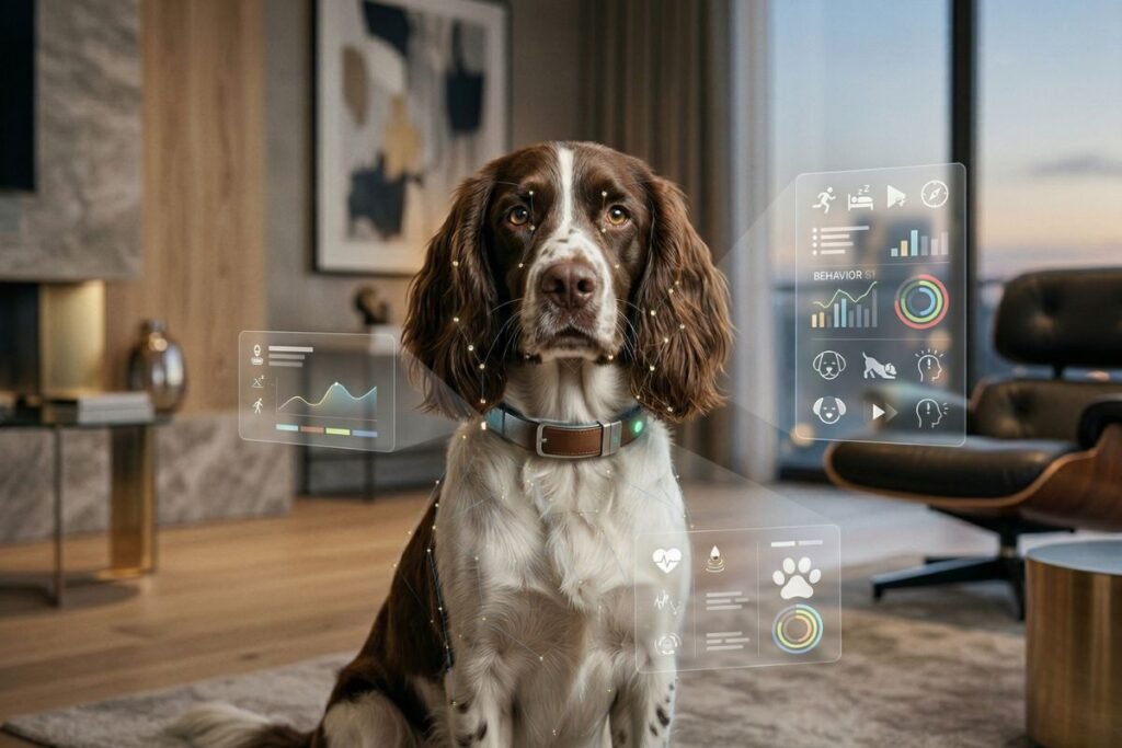 inteligencia artificial para perros. Perro con interfaz futurista de inteligencia artificial analizando salud, actividad y comportamiento