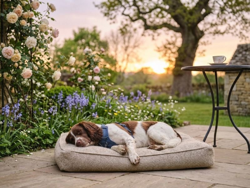 Perro descansando al aire libre en primavera en una terraza o jardín cuidado