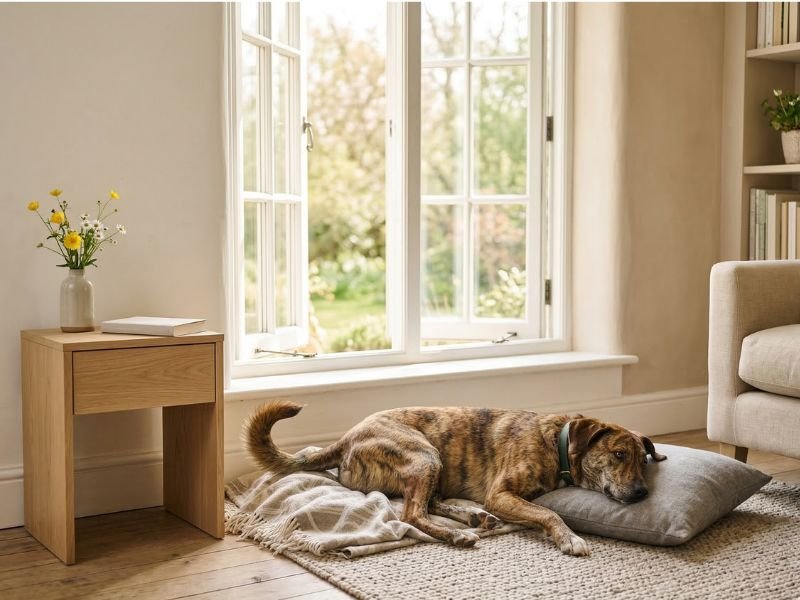 cuidados del perro en primavera. Perro descansando en casa junto a una ventana luminosa en primavera