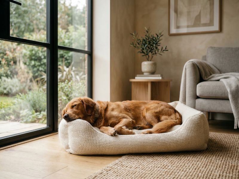 Perro descansando en una zona tranquila de casa sobre una cama cómoda