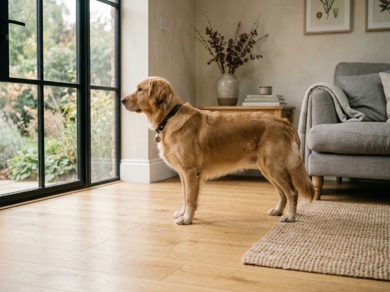 Perro descansando en una zona tranquila de casa sobre una cama cómoda