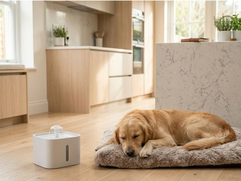 Perro descansando junto a una fuente de agua automática