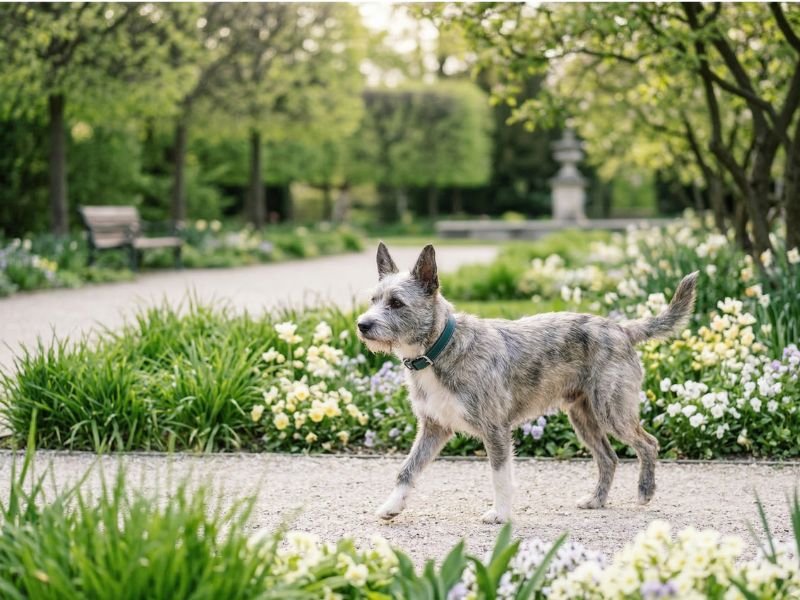Perro durante un paseo primaveral en una zona verde con luz natural