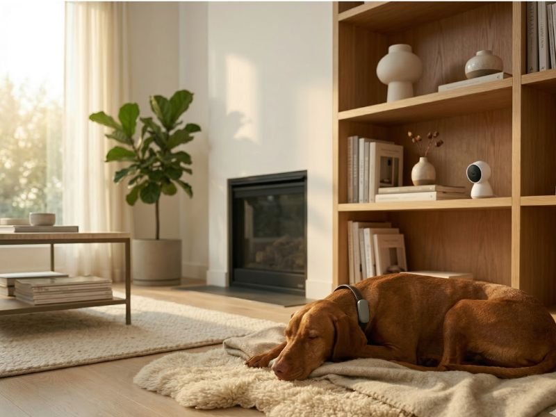 Perro en casa con sistema de monitorización por cámara