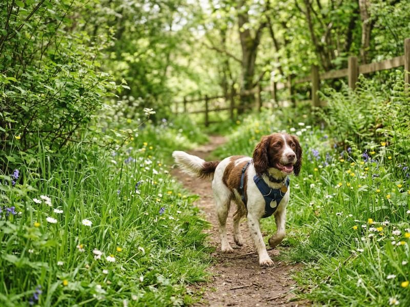 garrapatas pulgas y mosquitos en primavera. Perro en una zona verde de primavera donde conviene reforzar la prevención frente a parásitos