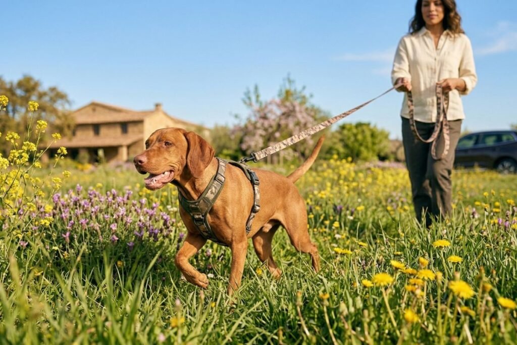 Perro explorando con correa larga en una zona verde y luminosa durante una escapada de primavera