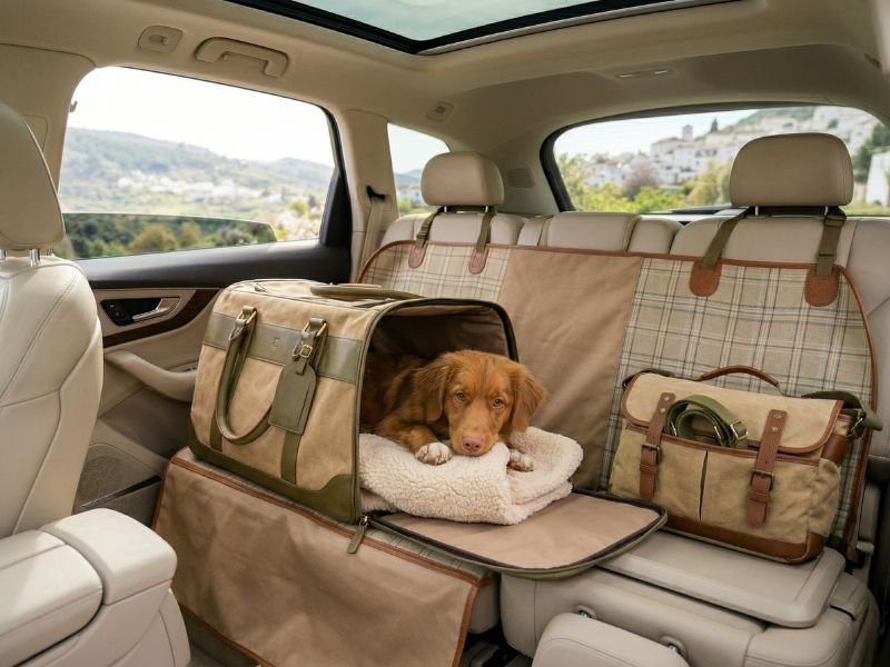 Perro pequeño descansando con tranquilidad en un transportín durante un viaje de primavera