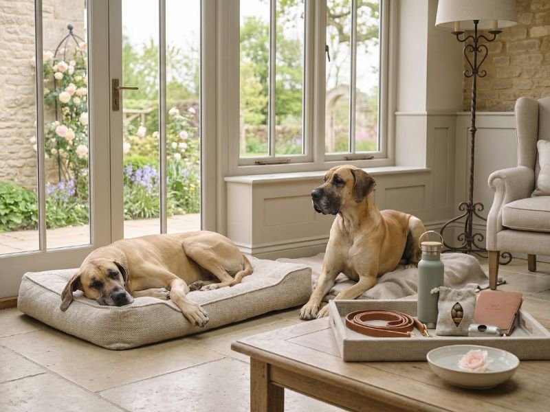 Perros relajado en casa durante una rutina de cuidado y prevención en primavera