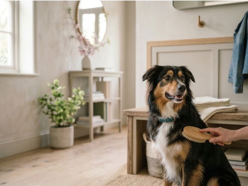 Perro siendo cepillado suavemente durante la muda de primavera