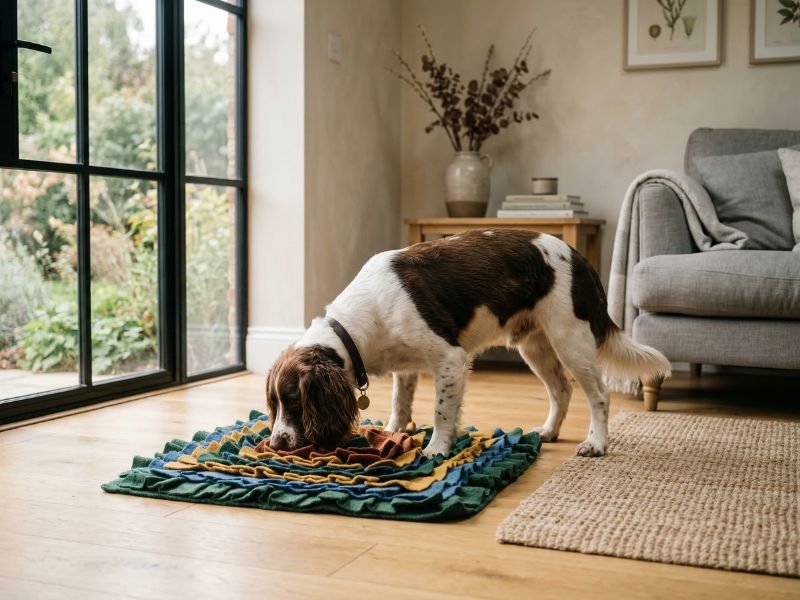 Perro usando una alfombra de olfato en casa de forma tranquila